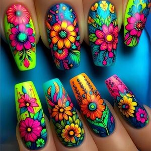 Flower Power Themed Fake Press On Nails NWT
